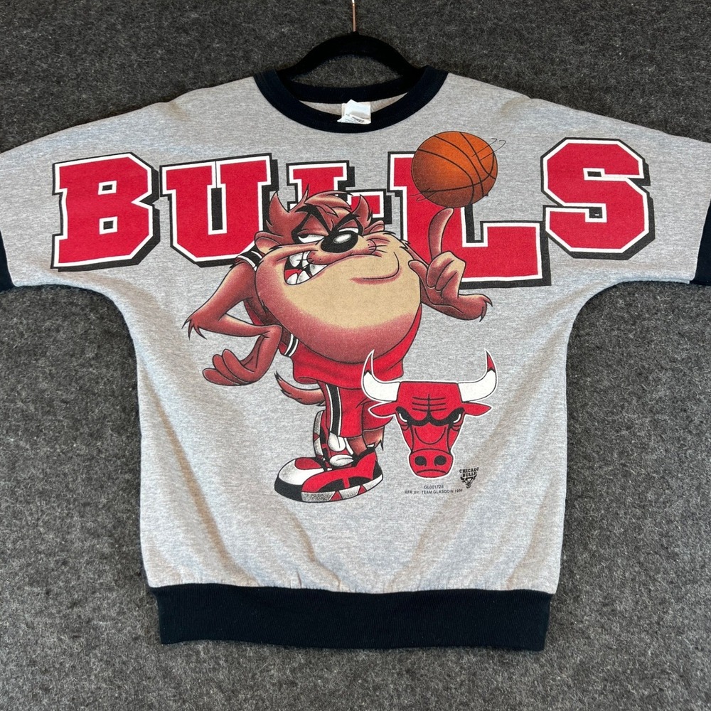 Vintage 90s Chicago Bulls Taz Spellout Sweatshirt Team NBA Gray Boys XLG 12/14